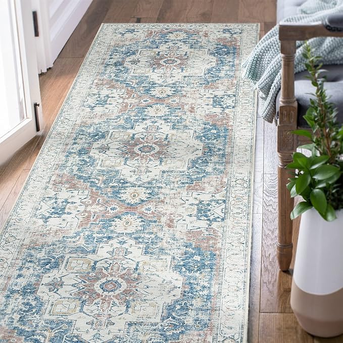 jinchan Runner Rug 2x5 Hallway Rug Kitchen Washable Runner Vintage Mat Retro Print Lightweight Non-Slip Accent Floor Cover Distressed Thin Carpet for Entryway Bathroom Bedroom Laundry Room Navy Blue