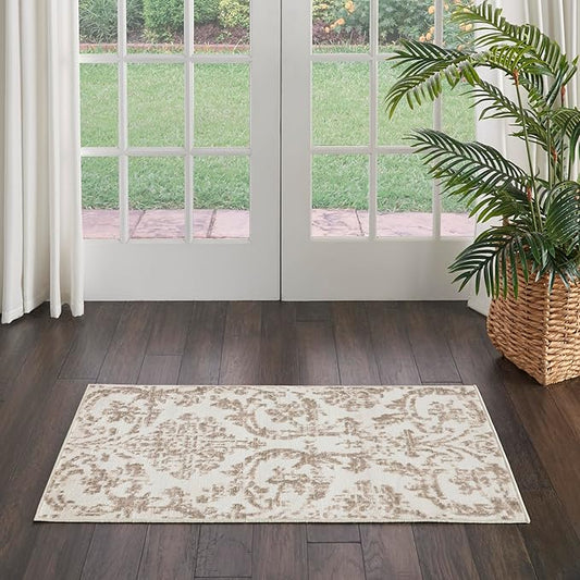 Nourison Jubilant Damask Ivory Beige 2' x 4' Area Rug, Easy Clean, Non Shedding, Bed Room, Living Room, Dining Room, Kitchen (2x4)