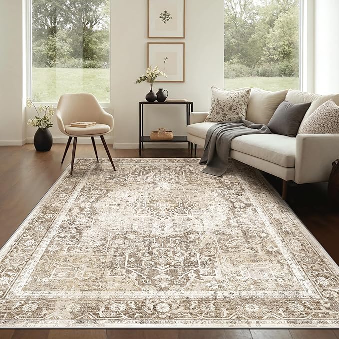 Kokia 5x7 Area Rugs for Living Room, Machine Washable Non Slip Vintage Boho Rugs, Low Pile Distressed Medallion Print Rug for Bedroom, Dining Room Olive 5 x 7