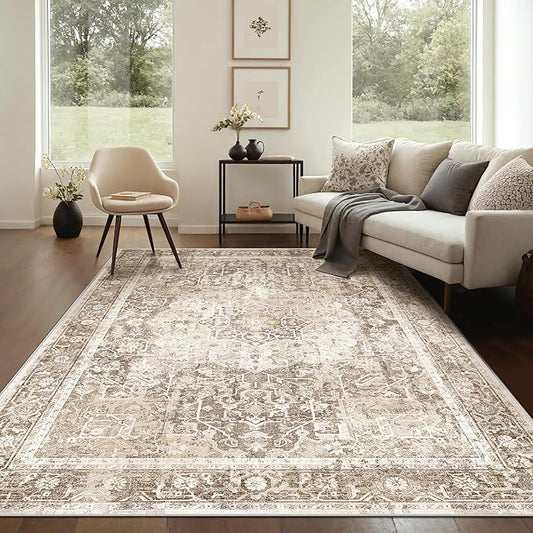 Kokia 5x7 Area Rugs for Living Room, Machine Washable Non Slip Vintage Boho Rugs, Low Pile Distressed Medallion Print Rug for Bedroom, Dining Room Olive 5 x 7