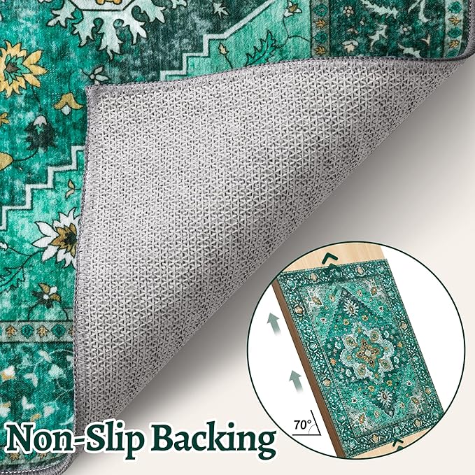 2.6x8 Washable Runner Rug for Hallways, Non Slip Vintage, Soft Low Pile Long Rug Runner, Print Distressed Emerald Carpet Runners for Kitchen Bedroom Entryway Bathroom Living Room