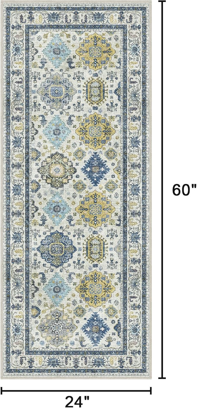 2x5 Runner Rug Non Slip, Machine Washable Rug Runners for Hallways, Vintage Distressed Print Kitchen Runner, Low Pile Lightweight Carpet Runner for Entryway, Laundry, Bedroom, Bathroom Ivory Blue