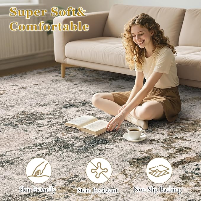 Area Rugs for Living Room: 5x7 Abstract Washable Rug Large Soft Stain Resistant Non-Slip Backing for Bedroom Dining Room Indoor Home Office Carpet for Kids Pet Friendly Families - Dark Brown