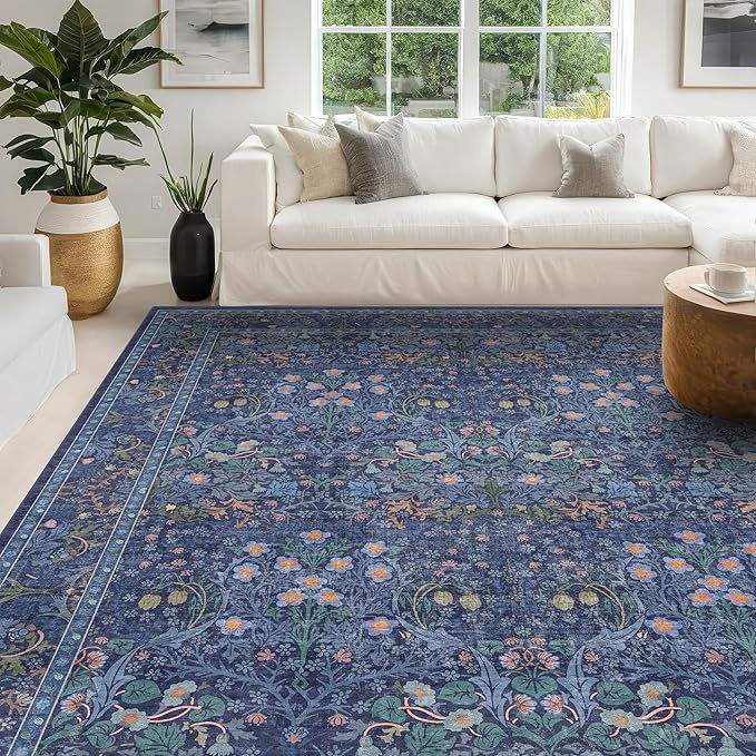 Vintage Dark Blue Living Room Rug, 8x10 Washable Area Rugs for Bedroom, Dining Room Rugs Under Kitchen Table, Oriental Low Pile Stain Resistant Non-Slip Large Rug