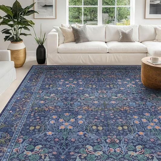 Vintage Dark Blue Living Room Rug, 8x10 Washable Area Rugs for Bedroom, Dining Room Rugs Under Kitchen Table, Oriental Low Pile Stain Resistant Non-Slip Large Rug