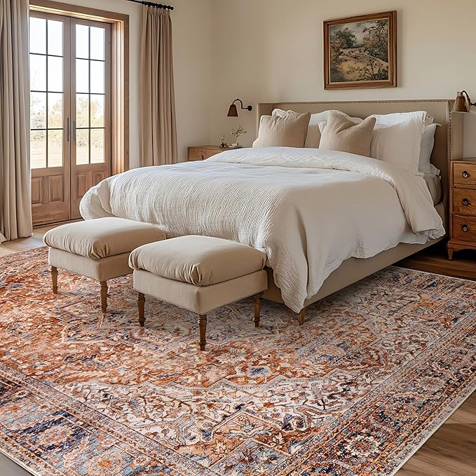Washable Boho Area Rugs 9x12 Living Room Bedroom Under Table,Easy to Clean Vintage Floral Bohemian Rustic Western Style Large Rug for Dining Room,Terracotta Rust and Burnt Orange,9 by 12