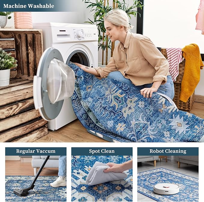 9x12 Rug, Washable Neutral Boho Modern Vintage Non Slip Floral Area Carpet, Low Pile Soft Rugs, Slip Resistance, Pet-Friendly, Durable Rug for Living Room, Bedroom, Kitchen, Dining Room