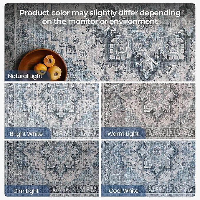 Washable Area Rugs Boho Non Slip Stain Resistant Thin Carpet Vintage Blue Printed Oriental Distressed 6x9 Rug for Living Room Bedroom Low Pile