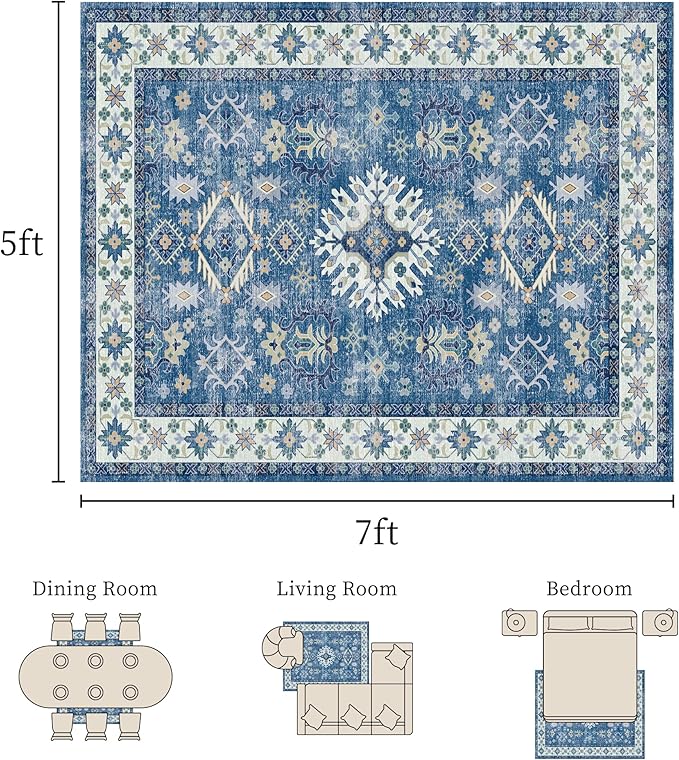 5x7 Rug, Washable Neutral Boho Modern Vintage Non Slip Floral Area Carpet, Low Pile Soft Rugs, Slip Resistance, Pet-Friendly, Durable Rug for Living Room, Bedroom, Kitchen, Dining Room
