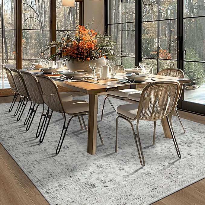 Washable Rugs 8x10 Area Rugs, Soft Vintage Living Room Rug with Anti-Skid Backing Stain Resistant Thin Indoor Carpet Large Area Rug for Bedroom Under Dining Room Table Nursery Entryway-Light Gray