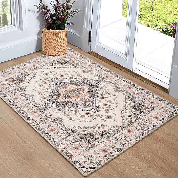 Noahas Front Door Mat Indoor Outdoor Entrance,2x3 Small Beige Area Rugs Vintage Machine Washable Rugs Non-Slip Low Pile Carpets for Entryway Porch Bathroom Kitchen Bedroom Laundry Room Home Decor