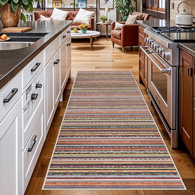 4x8 Rug Washable Indoor: Non-Slip Southwestern Striped Carpet for Kitchen Hallway Entry - Farmhouse Low Pile Stain Resistant Long Thin Front Door Mat 4x8 Red/Blue/Multi
