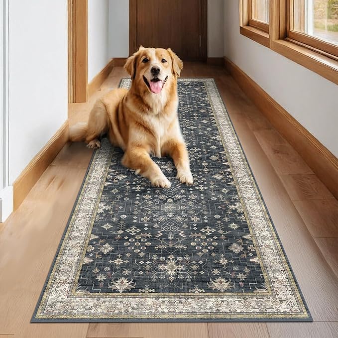 Black Washable Long Runners for Hallways, 2'6"x8' Wide Kitchen Runner Rug, Entryway Indoor Rug, Non Slip Rubber Backing Boho Vintage Floor Decor