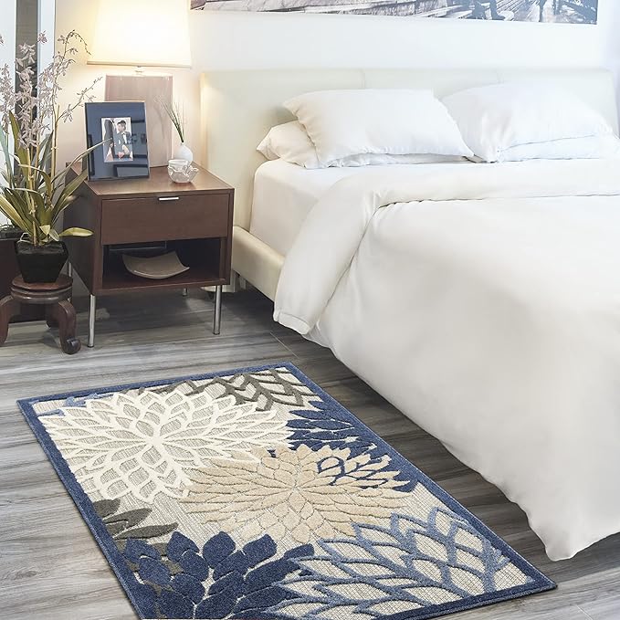 Nourison Aloha Indoor/Outdoor Blue/Multicolor 3' x 5' Area Rug, Tropical, Botanical, Easy Cleaning, Non Shedding, Bed Room, Living Room, Dining Room, Deck, Backyard, Patio (3x5)