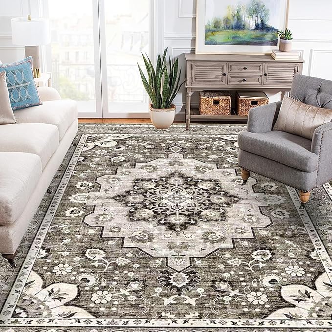 Washable 9x12 Large Area Rug: Vintage Non-Slip Backing Rugs for Living Room Stain Resistant Bedroom Carpet Soft Medallion Farmhouse Floor Mat for Dining Room Home Office (9x12 Beige)