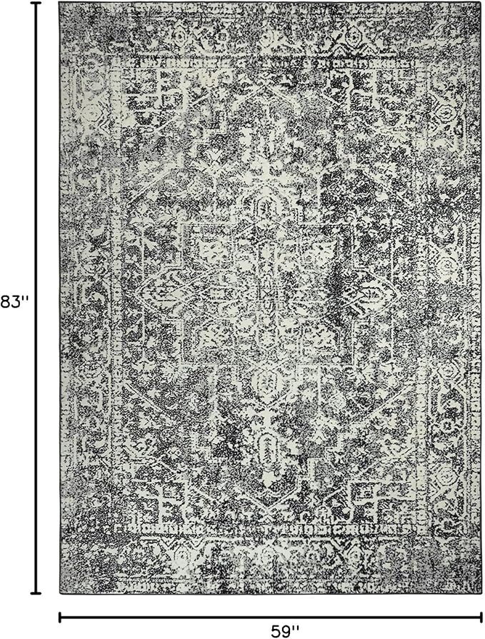 Morebes Vintage Black 5x7 Area Rugs for Living Room, Washable Large Bedroom Rug with Non Slip Rubber Backing, Medallion Distressed Soft Low Pile Carpet for Home Decor (5'x7',Black/White)