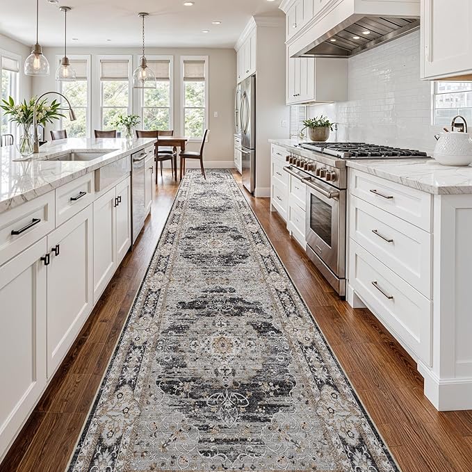 3x20 Runner Rug for Hallway Washable: Non Slip Kitchen Rugs with Rubber Backing Soft Waterproof Mats Stain Resistant Indoor Vintage Carpet Runner for Bedroom Bathroom Laundry Entryway Black/Gray