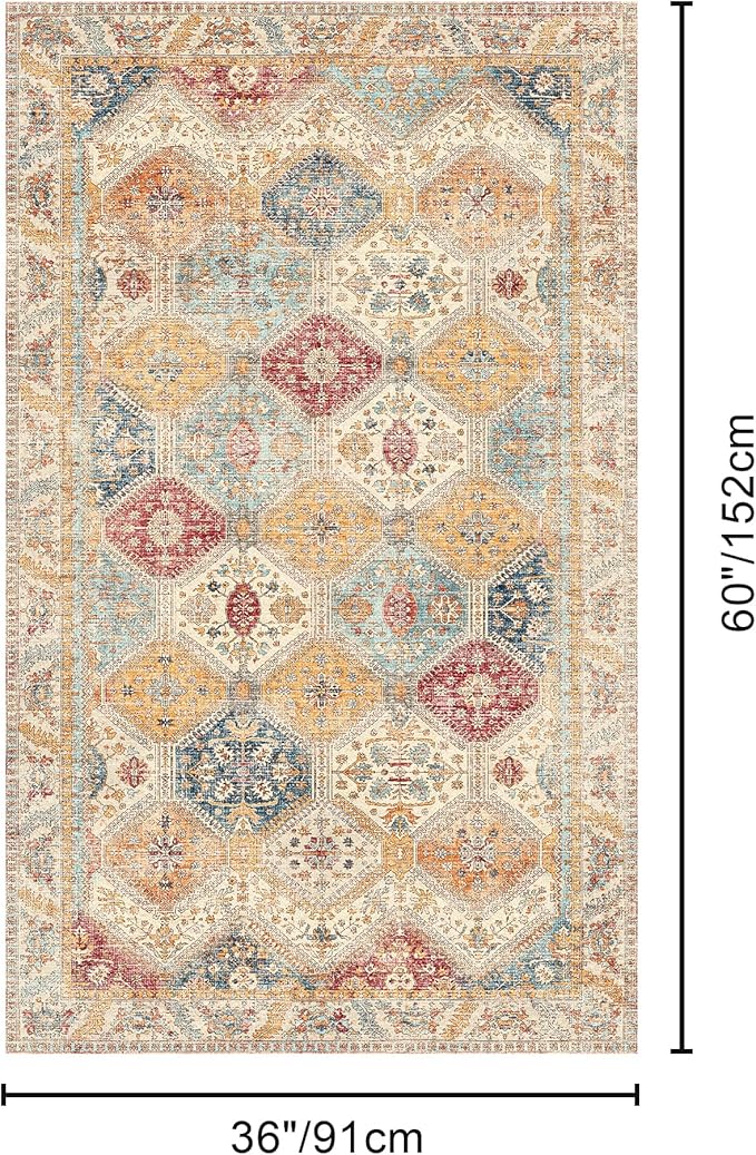 Bavni 3x5 Area Rugs for Living Room, Machine Washable Rug Non Slip, Vintage Chenille Distressed Print Carpet, Large Low Pile Ultra-Thin Lightweight Rugs for Bedroom, Dining Room, Home, Office, Orange