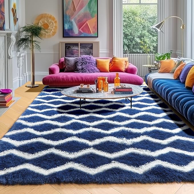 RUGTUDER Fluffy Rugs for Bedroom, 4x6 Washable Shag Striped Rug Fuzzy Plush Rug for Living Room, Chevron Pattern Soft Shaggy Area Rug for Kids Boys Room Teen Dorm Classroom Decor, Navy Blue and White