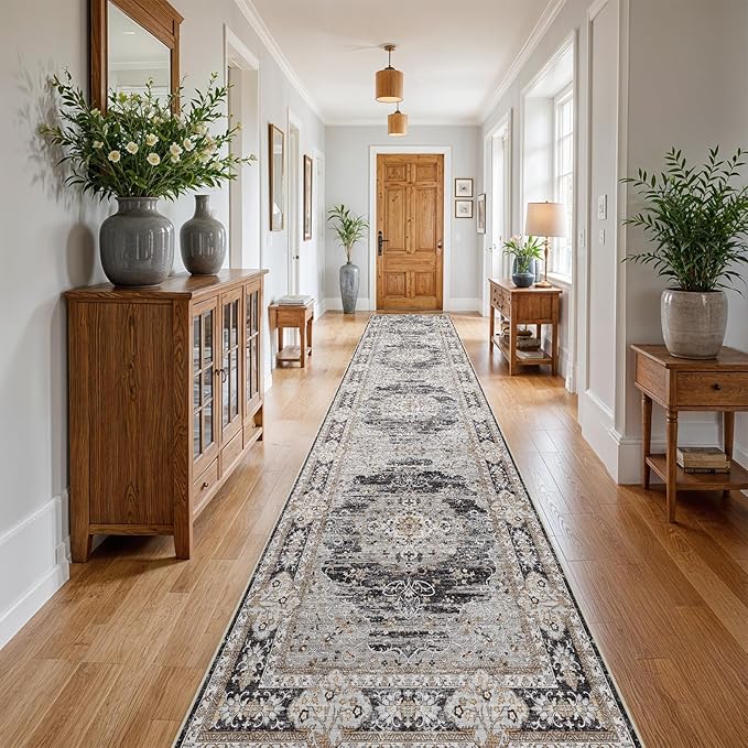 3x20 Runner Rug for Hallway Washable: Non Slip Kitchen Rugs with Rubber Backing Soft Waterproof Mats Stain Resistant Indoor Vintage Carpet Runner for Bedroom Bathroom Laundry Entryway Black/Gray