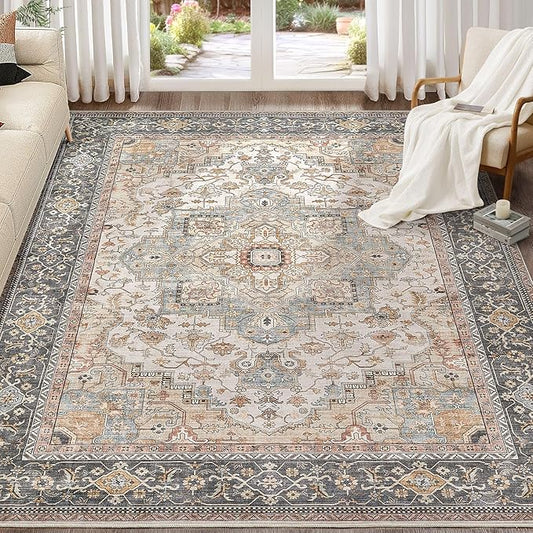 Washable Area Rugs for Living Room - 8x10 Neutral Vintage Distressed Floral Farmhouse Boho Large Soft Floor Rug Indoor Non Slip Carpet for Bedroom Dining Room Office - Green