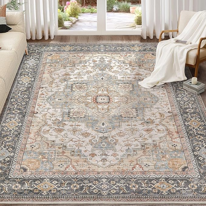 Washable Area Rugs for Living Room - 10x14 Neutral Vintage Distressed Floral Farmhouse Boho Large Soft Floor Rug Indoor Non Slip Carpet for Bedroom Dining Room Office - Green