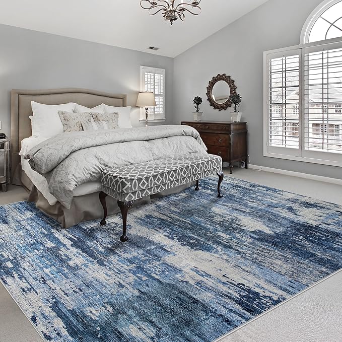 10x12 Area Rugs for Living Room: Large Machine Washable Area Rug with Non Slip Backing Non Shedding Abstract Stain Resistant Carpet for Bedroom Dining Room Nursery Home Office - Beige/Blue