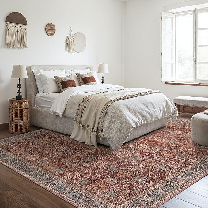 10X12 Area Rugs Machine Washable Rugs for Living Room, Vintage Boho Large Rugs for Bedroom Dining Room, Non Slip Indoor Soft Distressed Lightweight Thin Low Pile Carpet, Red Brown