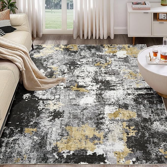 Washable Rug 8x10 Area Rugs for Living Room: Modern Abstract Neutral Soft Large Rug for Bedroom Dining Room Under Kitchen Table Home Office Decor - Black Gold