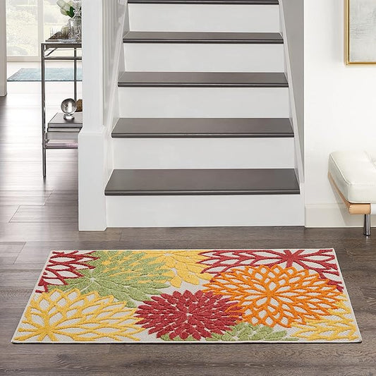 Nourison Aloha Indoor/Outdoor Floral Red Multi Colored 2'8" x 4' Area Rug, (3' x 4')