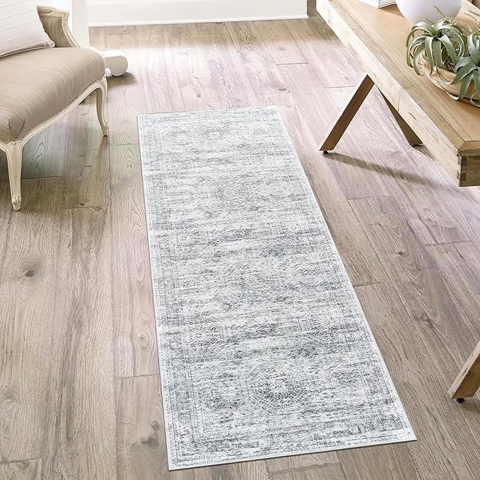 Washable Runner Rug, 2'6" x 8' Non-Slip Kitchen Vintage Foldable Hallway Runners for Entryway, Laundry, Bedroom, Grey