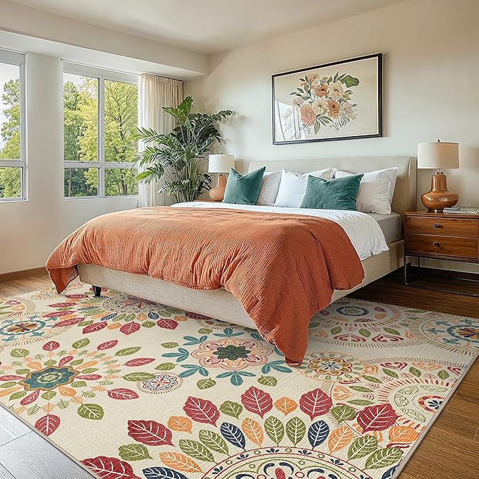 Bavni 5x7 Area Rugs, Floral Machine Washable Rug Non Slip, Modern Printed Thin Living Room Rugs, Stain Resistant Rugs for Bedroom, Dining Room, Beige Red