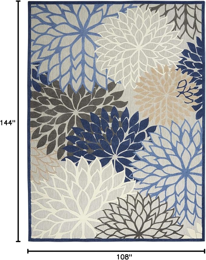 Nourison Aloha Indoor/Outdoor Blue/Multicolor 9' x 12' Area Rug, Tropical, Botanical, Easy Cleaning, Non Shedding, Bed Room, Living Room, Dining Room, Deck, Backyard, Patio (9x12)