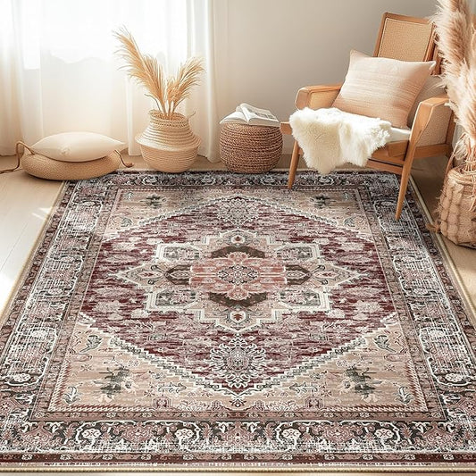 BESTSWEETIE 5x7 Area Rugs for Living Room Washable Non Slip Carpet Low Pile Soft Vintage Print Pattern Rug for Bedroom Dining Room Kitchen Entryway Indoor-Wine/Brown/Brick/Black/Light tan