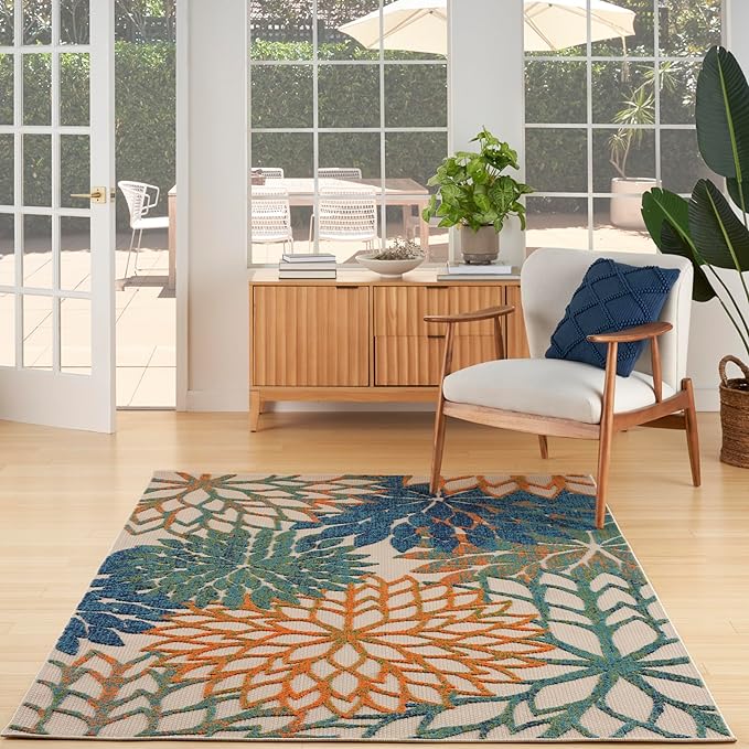 Nourison Aloha Indoor Outdoor Blue Green 5'3" x 7'5" Area Rug, Easy Cleaning, Non Shedding, Bed Room, Living Room, Dining Room, Backyard, Deck, Patio (5x7)