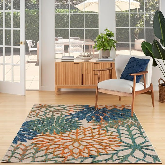 Nourison Aloha Indoor Outdoor Blue Green 5'3" x 7'5" Area Rug, Easy Cleaning, Non Shedding, Bed Room, Living Room, Dining Room, Backyard, Deck, Patio (5x7)