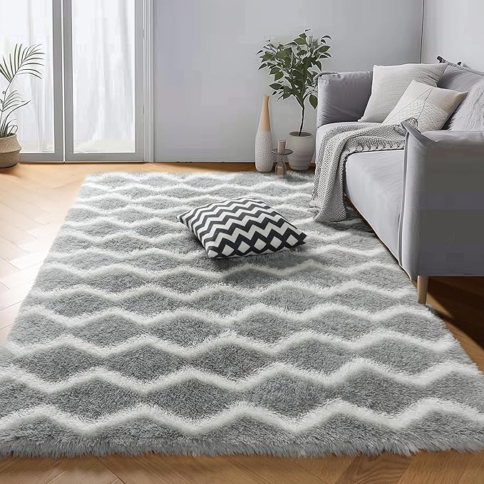 RUGTUDER 4x6 Area Rugs for Living Room, Fluffy Fuzzy Washable Striped Rugs Shaggy Rug for Bedroom, Soft Plush Furry Rug Floor Carpet for Kids Room Nursery Classroom Dorm Office Decor, Grey and White