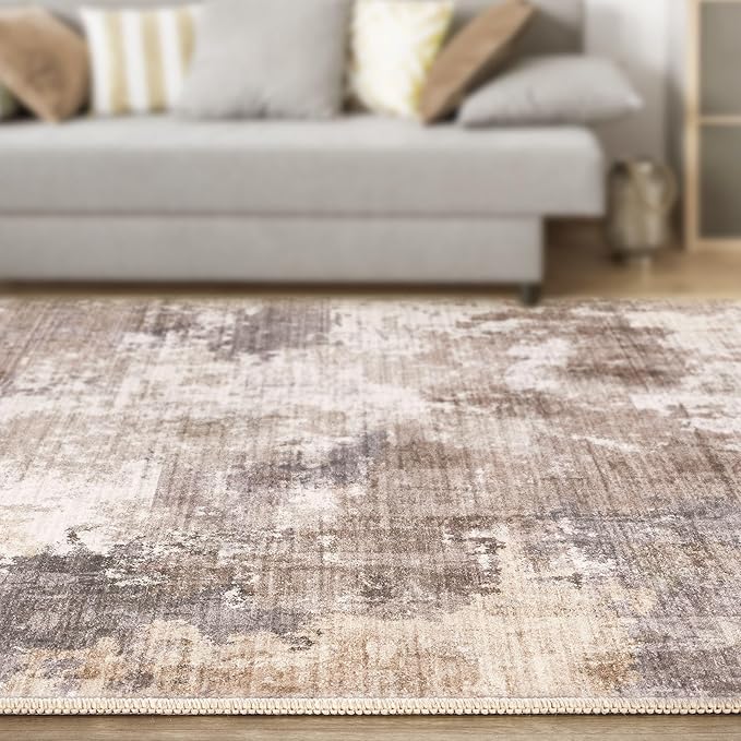 Washable Rug 8x10 Area Rugs for Living Room: Modern Abstract Neutral Soft Rug for Bedroom Dining Room Under Kitchen Table Home Office Decor - Brown