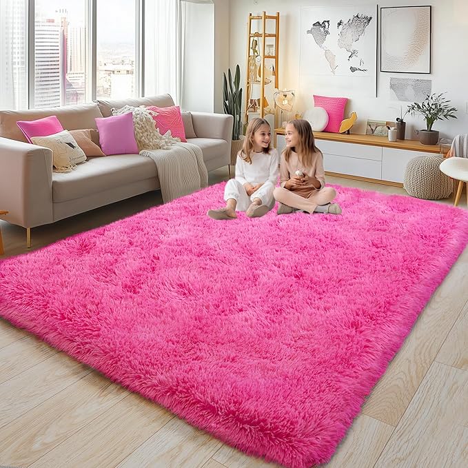 6x9 Fluffy Fuzzy Area Rug for Living Room Bedroom, Ultra Soft Large Living Room Rugs, Non Slip Thick Shag Rug for Dorm, Kids Girls Boys Rug for Home Decor Aesthetic, Hot Pink