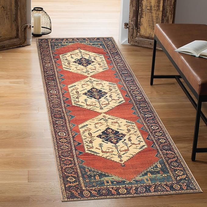Keen Home Design 2x10 Rug - Machine Washable Runner Rug with Non-Slip Backing, Ideal for Hallway, Entryway, Kitchen, Laundry Room - Vintage, Easy Clean, Durable, Low Pile Rug - (2'6" x 10')