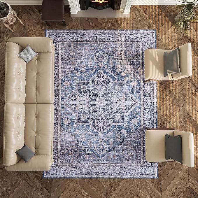 8x10 Rug, Washable Neutral Boho Modern Vintage Non Slip Floral Area Rugs, Low Pile Soft Rugs, Area Rugs, Slip Resistance Carpet, Pet-Friendly Carpet, Durable Rug for Living Room, Bedroom