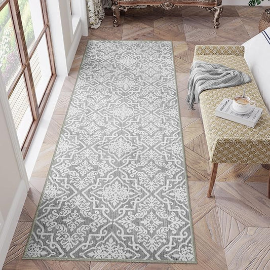 jinchan Boho Runner Rug 2x5 Moroccan Washable Rug Hallway Indoor Floor Accent Carpet Floral Tile Print Mat Soft Thin Runner Non Slip Carpet for Kitchen Bedroom Bathroom Laundry Room Decor Grey