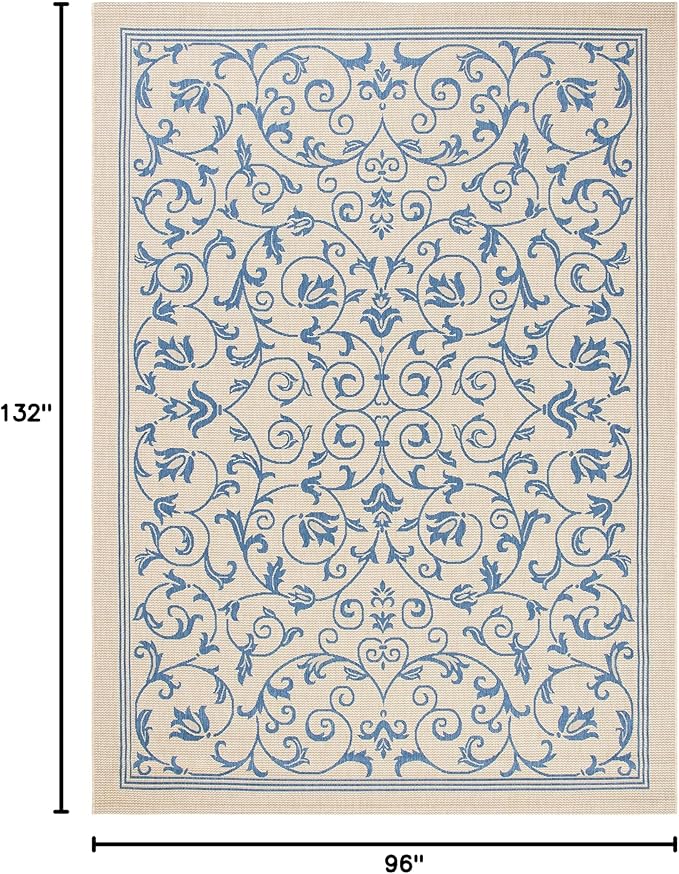 SAFAVIEH Courtyard Collection 8' x 11' Natural / Blue CY2098 Scroll Indoor/ Outdoor Waterproof Easy-Cleaning Patio Backyard Mudroom Area-Rug