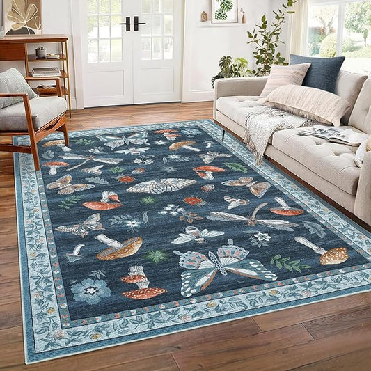 Washable Rug 5x7 Area Rugs for Living Room, Mushroom Insect Rug for Bedroom, 5x7 Rug Non Slip Throw Rugs with Rubber Back, Low Pile Stain Resistant Modern Carpet for Dining Room Dorm,Blue