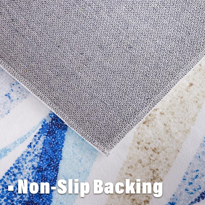 Carvapet Rugs for Hallway Laundry Bedroom, Modern Floral Low Pile Long Carpet with Rubber Backing, Foldable, Non Slip Machine Washable (6 x 2 Feet Rectangular, Blue Runner Rug)