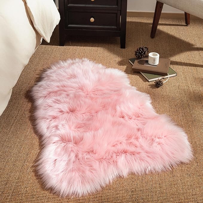 Ashler Faux Fur Area Rug - Fluffy Shaggy Sheepskin 2 x 3 Feet, Pink Fuzzy Machine Washable Shag - Nursery Decor Throw for Bedroom, Kids Room, Living Room