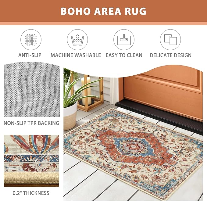 Washable Vintage Area Rug 9x12 Non-Slip Boho Distressed Floor Carpet Rugs Traditional Mat for Kitchen Bedroom Living Room, Orange
