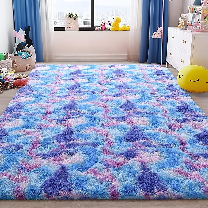Tepook Soft Rainbow Rug for Girls Room, Cute Fluffy Bedroom Rug, 5x8 Feet Shaggy Princess Colorful Carpet for Kids Teens Toddler Playroom Nursery Reading Nook, Blue