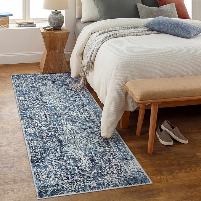Morebes Washable 2x5 Bathroom Runner Rug, Vintage Medallion Runner Rug for Kitchen, Soft Low Pile Non Slip Indoor Floor Throw Carpet for Entryway Bedroom Hallways, Deep Blue