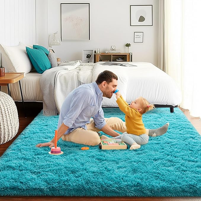 4x6 Area Rug for Bedroom, Soft Rugs for Living Room Nursery Kids Room Dorm Home Decor Aesthetic, Fluffy Shaggy Rug with 4 Anti-Slip Carpet Tapes, Teal Blue